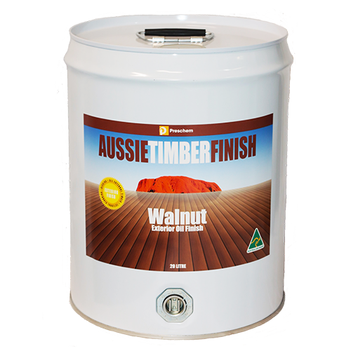 Walnut Timber Finish applied to deck – rich walnut tone, penetrates timber to nourish and repel moisture. 20 Litre
