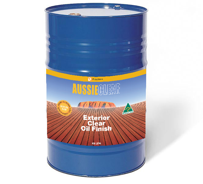 Aussie Clear Decking Oil 200L premium timber sealer for outdoor decks, clear natural finish, Australian-made UV and weather protection.