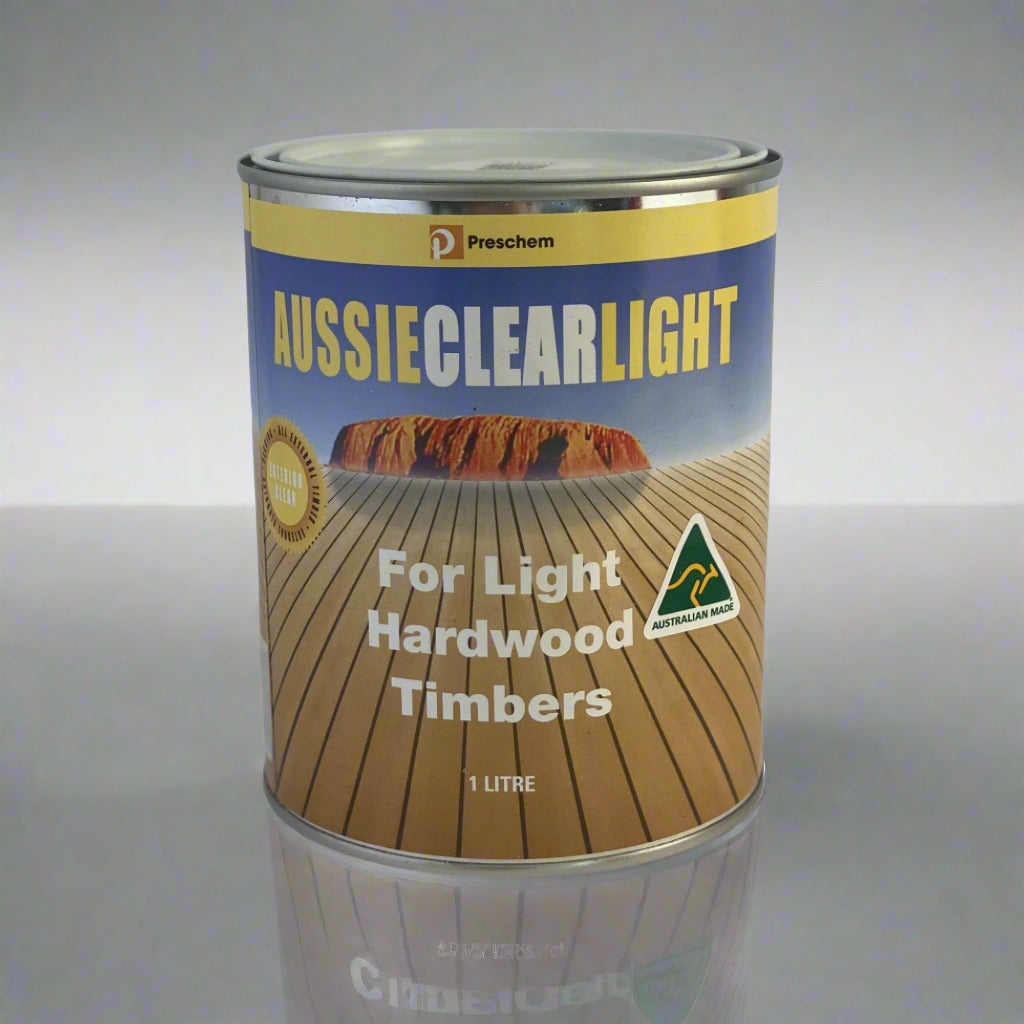 1L Aussie Clear Light exterior decking oil clear oil-based timber finish for blonde to mid-tone hardwoods; highlights natural grain, repels moisture, resists mould & UV damage