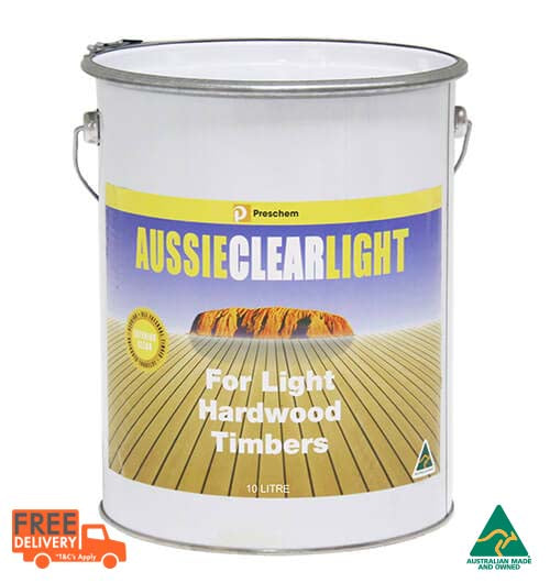 Aussie Clear Light 10L exterior decking oil – clear oil-based timber finish for blonde to mid-tone hardwoods; highlights natural grain, repels moisture, resists mould & UV damage