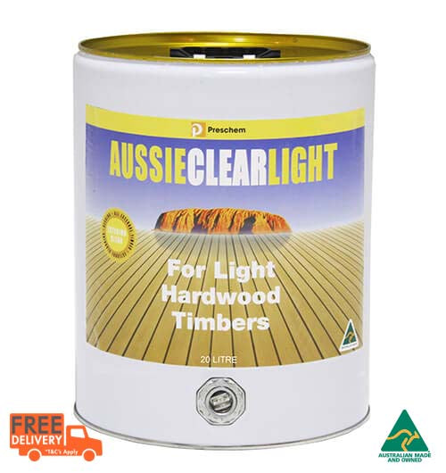 Aussie Clear Light 20L exterior decking oil – clear oil-based timber finish for blonde to mid-tone hardwoods; highlights natural grain, repels moisture, resists mould & UV damage