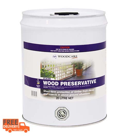 Clear Wood Preservative on external timber – clear finish end-seals and protects frames, gates, and furniture from rot.  20 litre