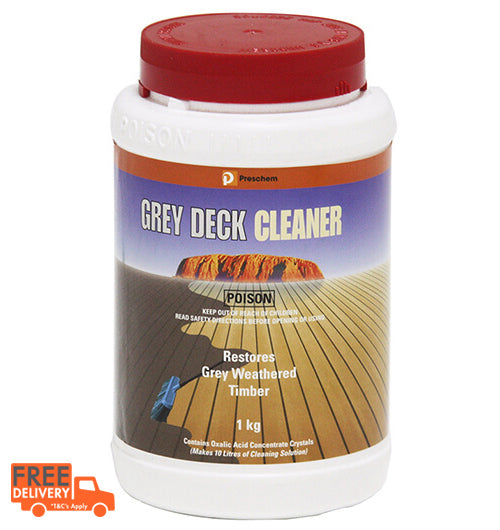 Applying Grey Deck Cleaner to greyed timber – removes mould, iron stains, preps for timber oil. 25kg