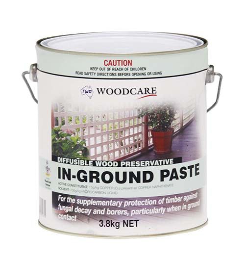 Applying In-Ground Paste around pole groundline – thick coating prevents fungal decay and deters termites in ground contact. 3.8kg
