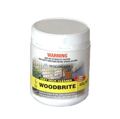 TWA Woodbrite powder cleaner – powerful timber preparation, restores weathered wood, ready for staining.